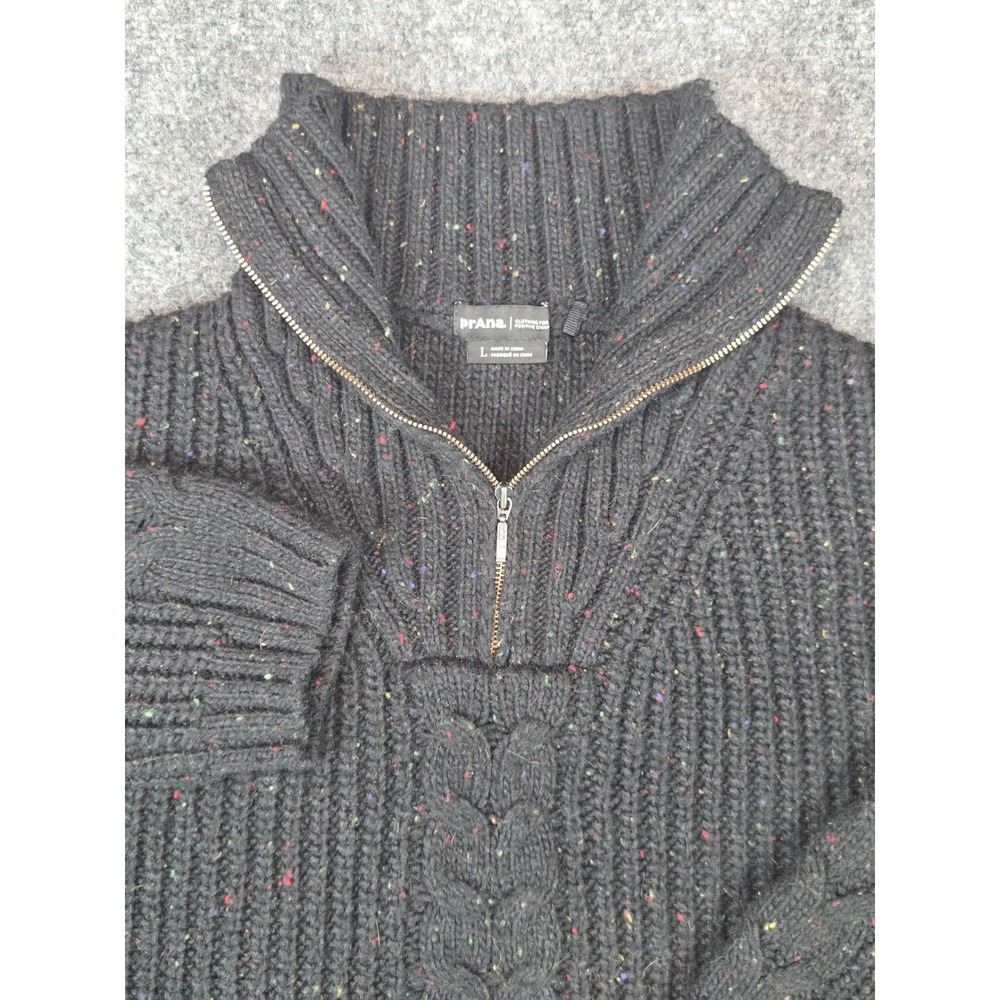 Prana Cable Knit 1/4 Zip Sweater Womens Large Black Confetti Pullover Fleck